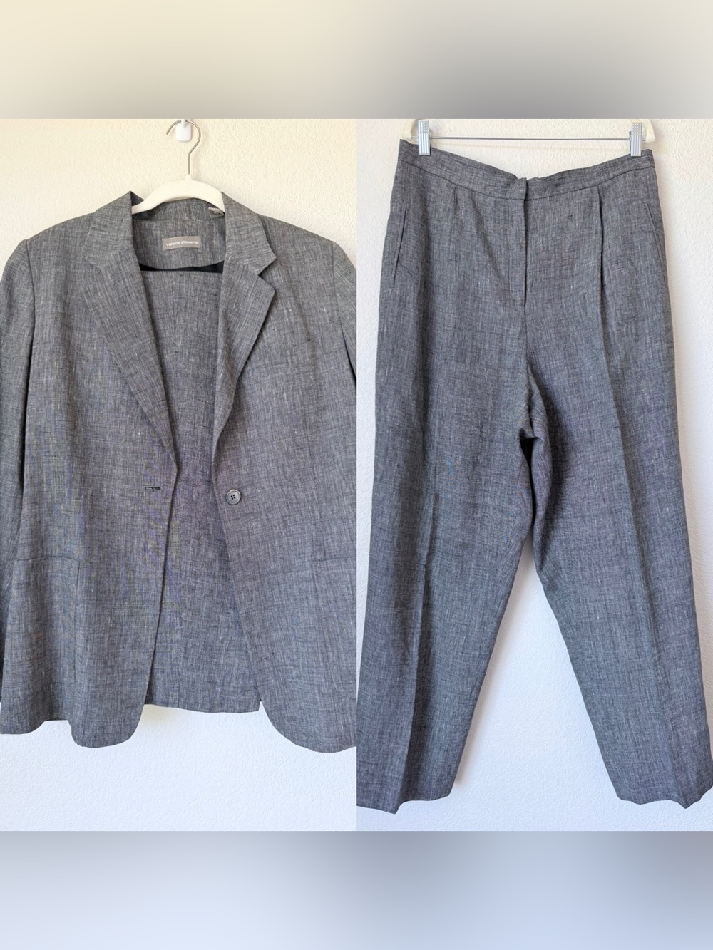 Valerie Stevens Linen Blend Pant Suit Gray Textured Career Mixed Size 14 16